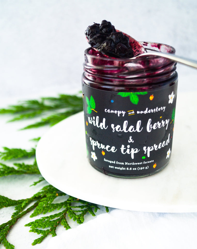 Canopy and Understory Wild Salal Berry & Spruce Tip Spread open jar with spoon